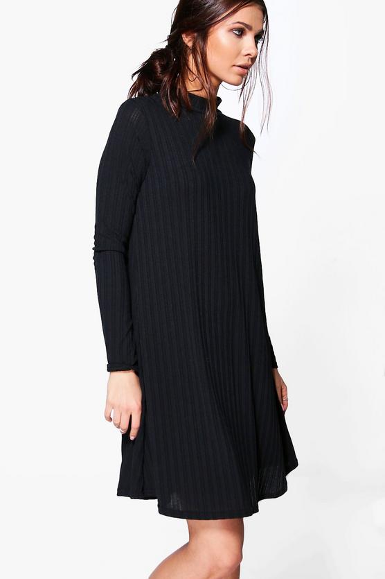 Jessica High Neck Rib Knit Swing Dress